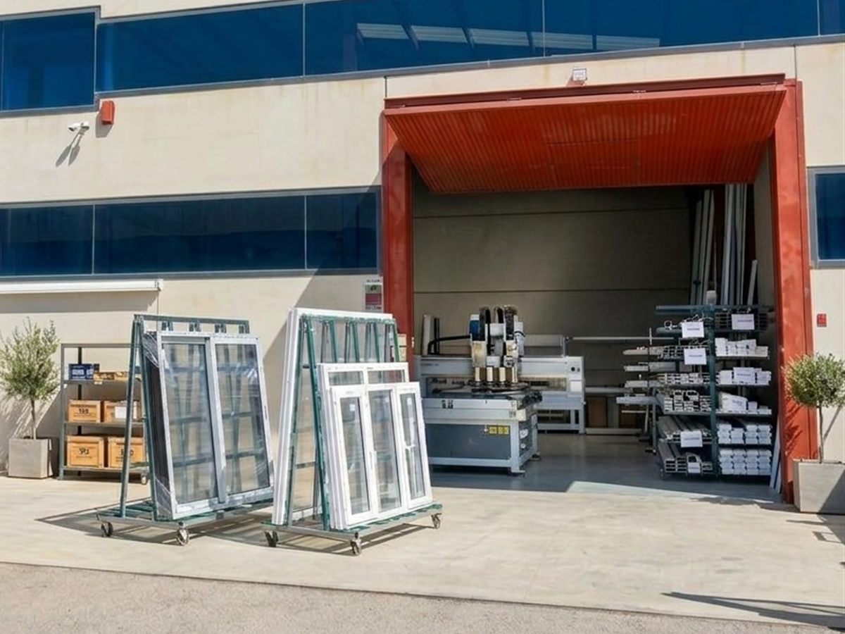 SmartVentanas workshop on the Los Moras industrial estate, San Fulgencio: finished windows and cutting machine